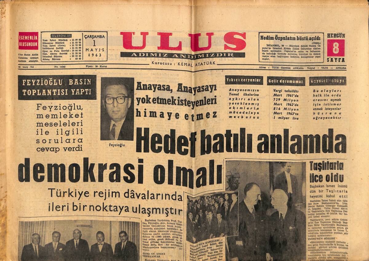 Ulus Gazetesi 1 Mayıs 1963 - Yabancı Sermayenin Türkiye'ye Yatırım Teklifleri Artıyor - Binlerce Yahudinin Ölümünden Sorumlu 2 Hitlerci Yargılanacak GZ151561 - 1