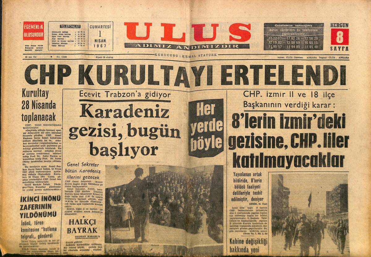 Ulus Gazetesi 1 Nisan 1967 - Ecevit Trabzon'a Gidiyor - Kennedy Komplosu Soruşturması Tanıklarından Biri Daha Öldü GZ150775 - 1