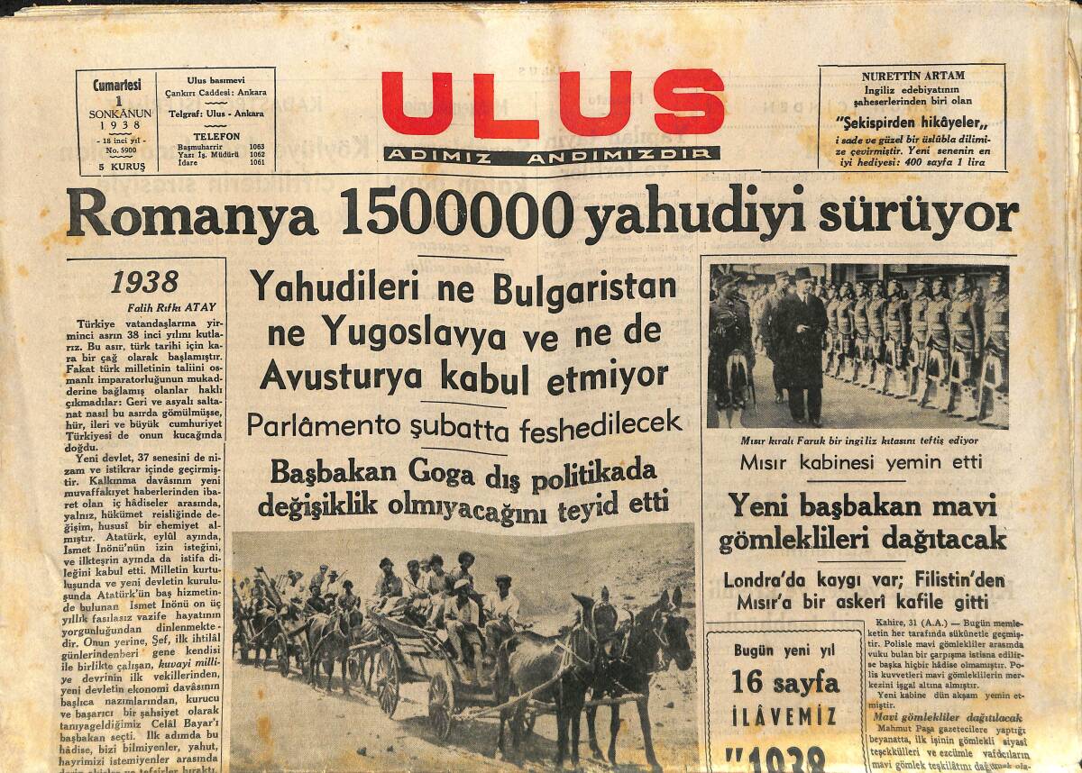 Ulus Gazetesi 1 Ocak 1938 - Romanya Bir Milyon Beş Yüz Bin Yahudiyi Sürüyor - 1938'e Girerken Ankara Nasıl Eğlendi? GZ141227 - 1