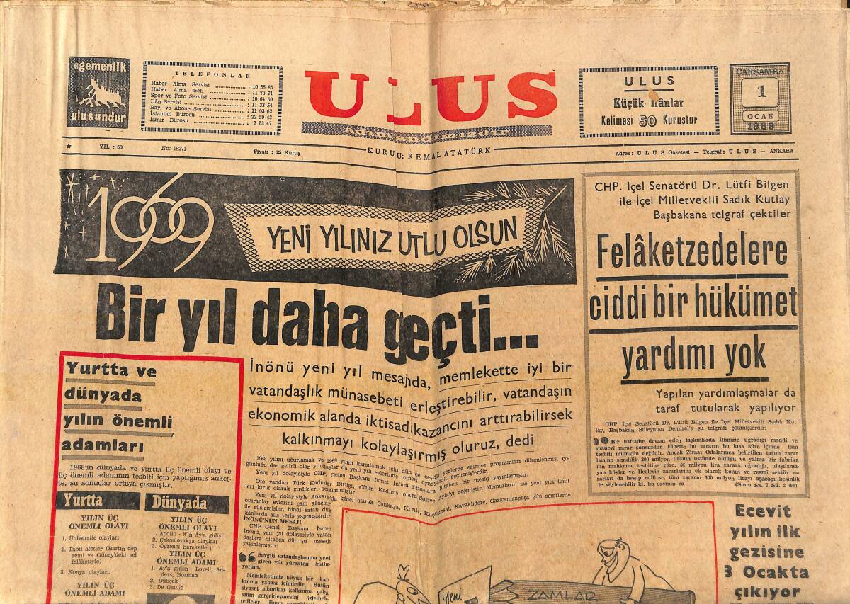 Ulus Gazetesi 1 Ocak 1969 - Ursula Belmondo Ne Zaman Evlenecek? - Dünya Sporunda Altın Yıl, İsmail Akçay Yılın Sporcusu GZ147249 - 1