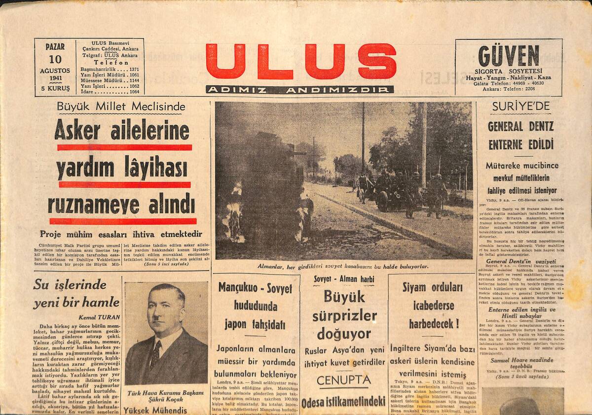 Ulus Gazetesi 10 Ağustos 1941 - Bölge Yüzme Birinciliği Dün Karadeniz'de Yapıldı - Asker Ailelerine Yardım Layihası Ruznameye Alındı! GZ146666 - 1