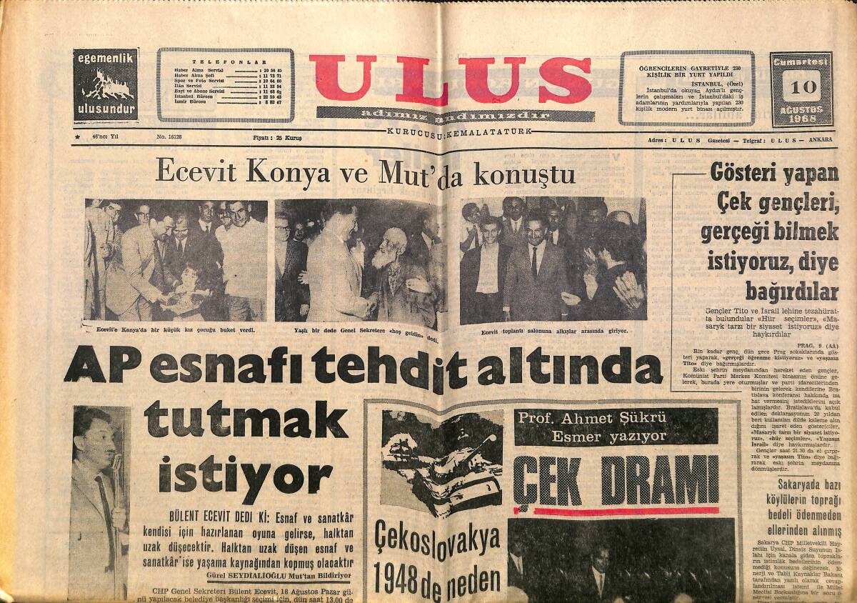Ulus Gazetesi 10 Ağustos 1968 - Sigara Darlığının Sebebi Açıklanmalı - Ecevit , Konya Ve Mut'da Konuştu GZ150681 - 1