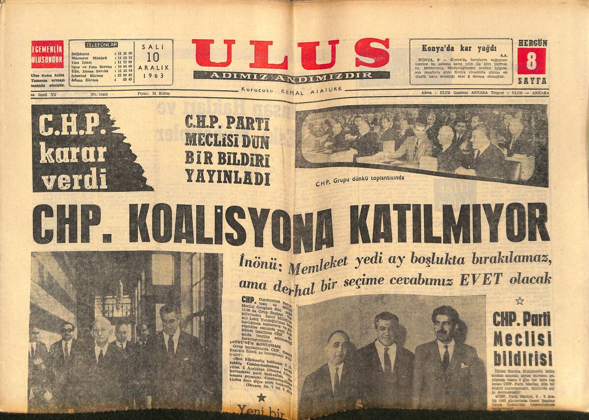 Ulus Gazetesi 10 Aralık 1963 - CHP Koalisyona Katılmıyor - Barzani Teslim Olmak İçin Mektup Yazmış - Cassius Clay GZ150241 - 1