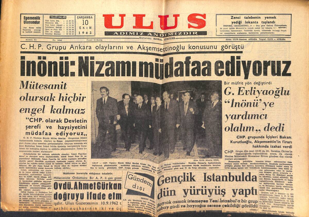 Ulus Gazetesi 10 Ekim 1962 - Metin Oktay, İtalya Dönüşü İlk Defa Milli Takımda - Memurların 5 Gün Çalışması İstendi GZ151614 - 1