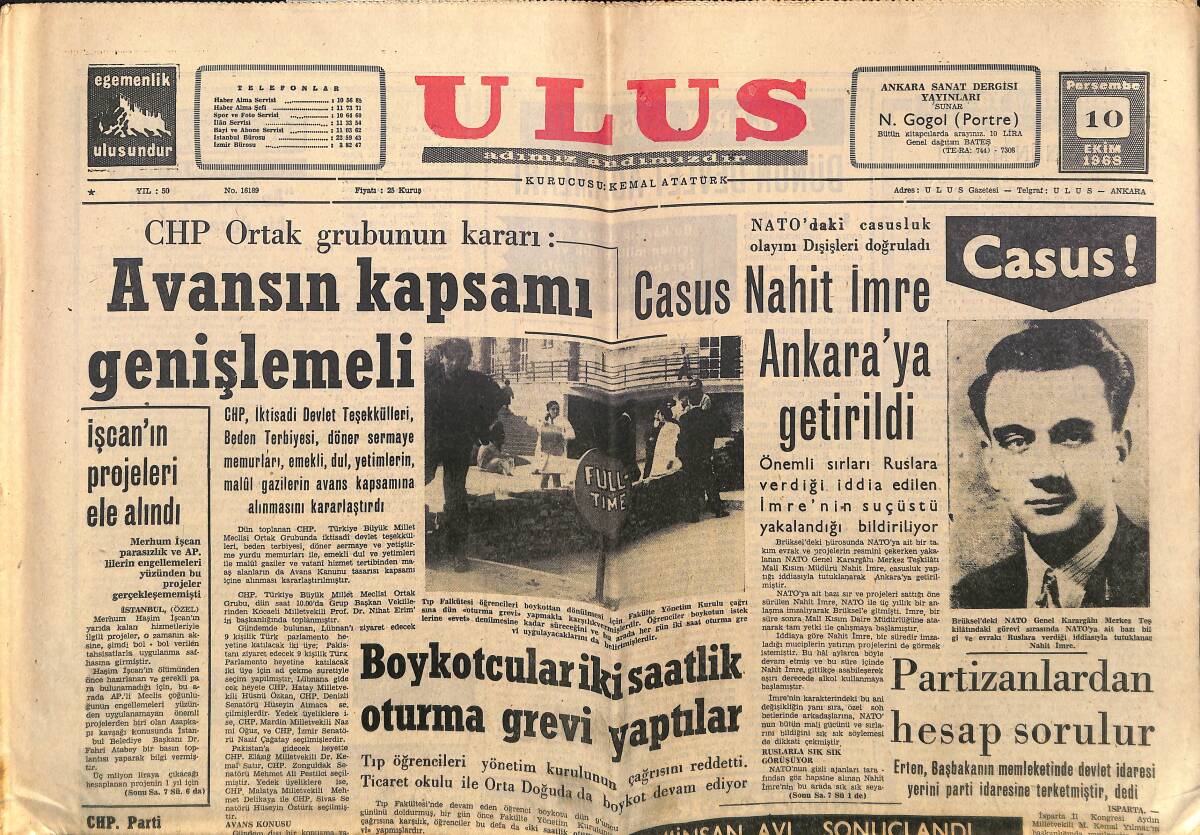 Ulus Gazetesi 10 Ekim 1968 - Casus Nahit İmre Ankara'ya Getirildi - Saint Benoit'in Lise Kısmı Kanunsuz Açılmış GZ150705 - 1