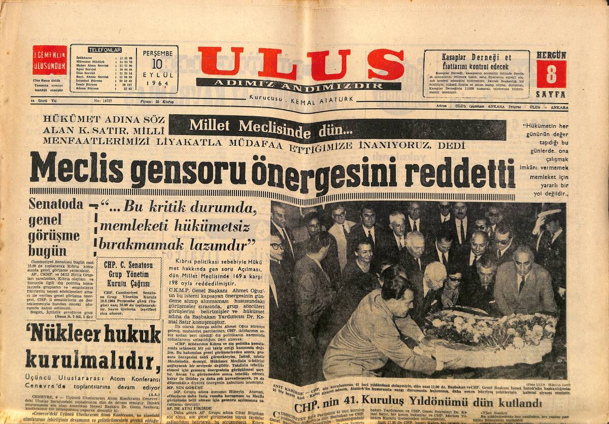 Ulus Gazetesi 10 Eylül 1964 - Kıbrıs Türklerinin Haklarını Yok Eden Hal Tarzını Tanımayız - İzmir , Kurtuluşunu Törenlerle Kutladı GZ150608 - 1