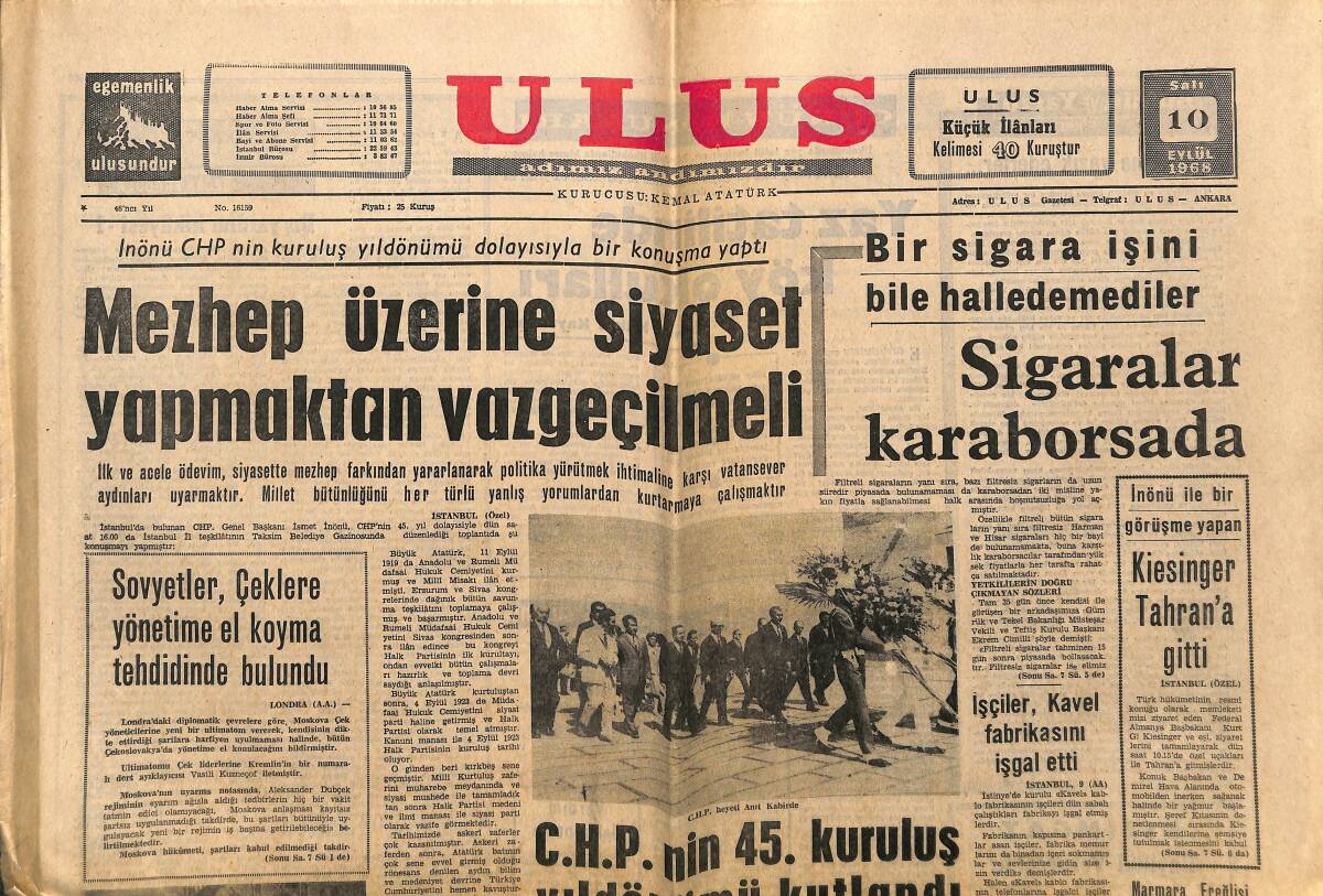 Ulus Gazetesi 10 Eylül 1968 - Mezhep Üzerine Siyaset Yapmaktan Vazgeçilmeli - CHP'nin 45. Kuruluş Yıldönümü Kutlandı GZ148585 - 1