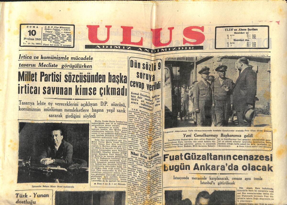 Ulus Gazetesi 10 Haziran 1949 - Fransız Milli Meclisi Türk Heyetini Alkışlarla Karşıladı - Beşiktaş Kuvvetli Bir Kadro İle Geliyor GZ146838 - 1