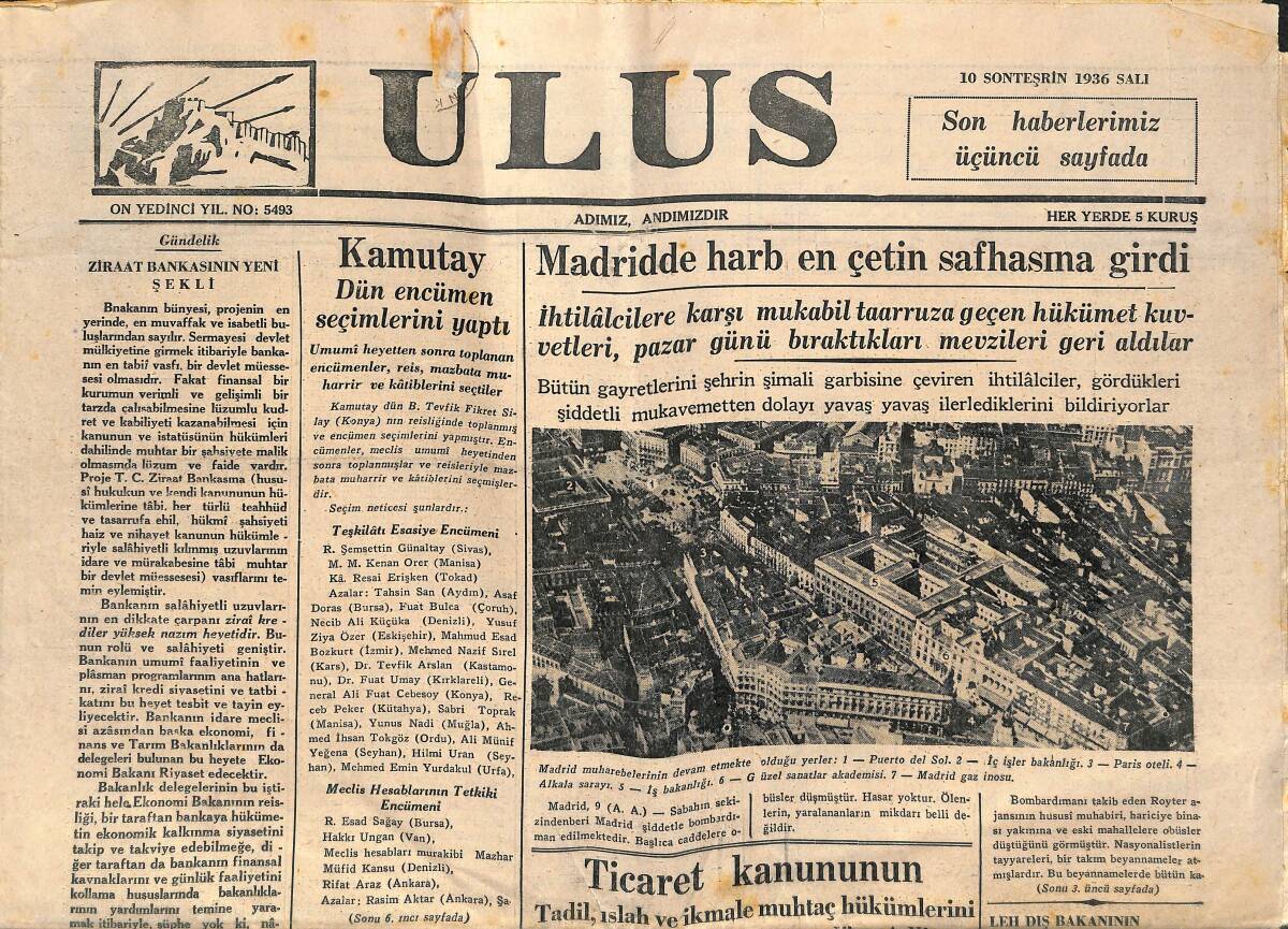 Ulus Gazetesi 10 Kasım 1936 - Madrid'de Harp En Çetin Safhasına Girdi - Atatürk, Devlet Adamlarımız, Türk-Yugoslav Dostluğu GZ141249 - 1