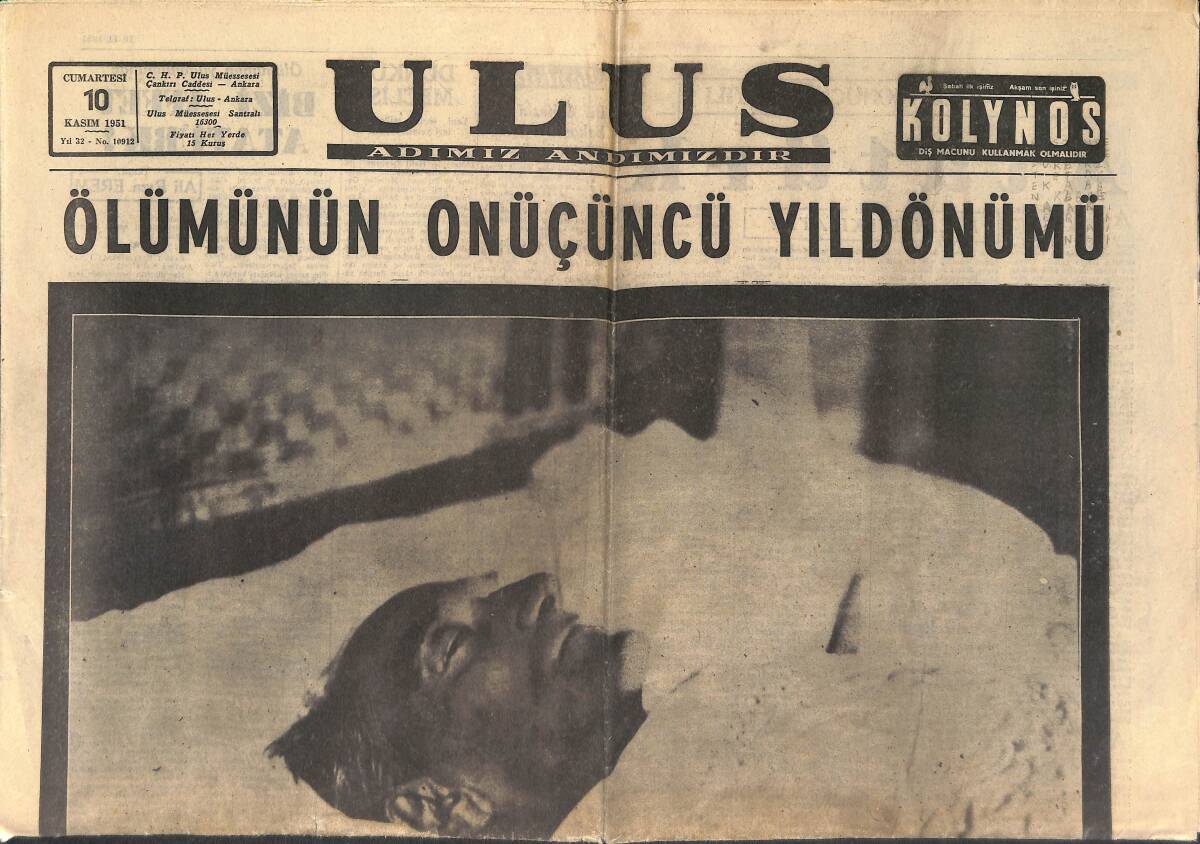 Ulus Gazetesi 10 Kasım 1951 - Mustafa Kemal Atatürk'ün Ölümünün Onüçüncü Yıldönümü, Arka Kapak Gençliğe Hitabe GZ134709 - 1