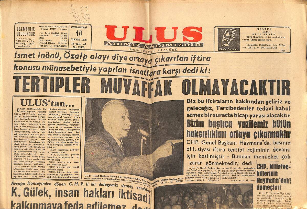 Ulus Gazetesi 10 Mayıs 1958 - CHP Milletvekillerinin Haymana'daki Demeçleri - Eğitim Bakanı Zor Duruma Düştü GZ151624 - 1