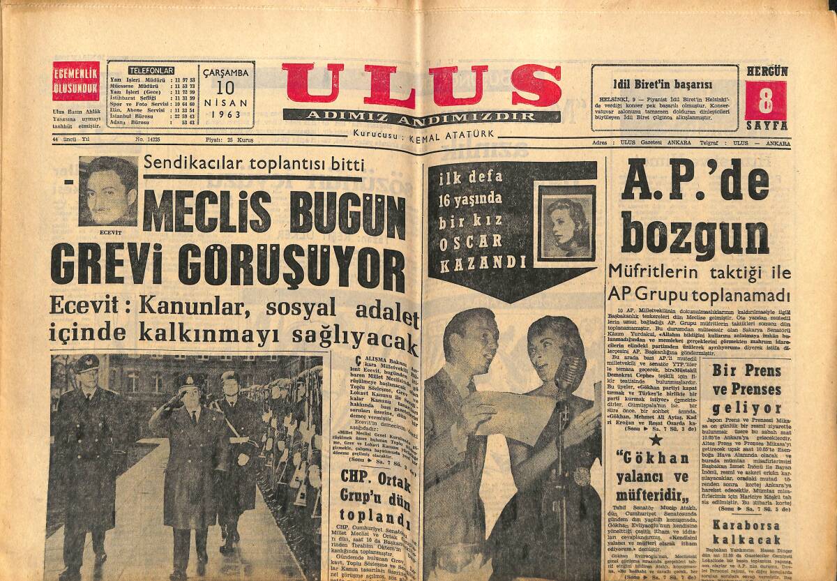 Ulus Gazetesi 10 Nisan 1963 - Casus Lavrens Filmi Oscar Aldı - A.P.'de Bozgun GZ148462 - 1