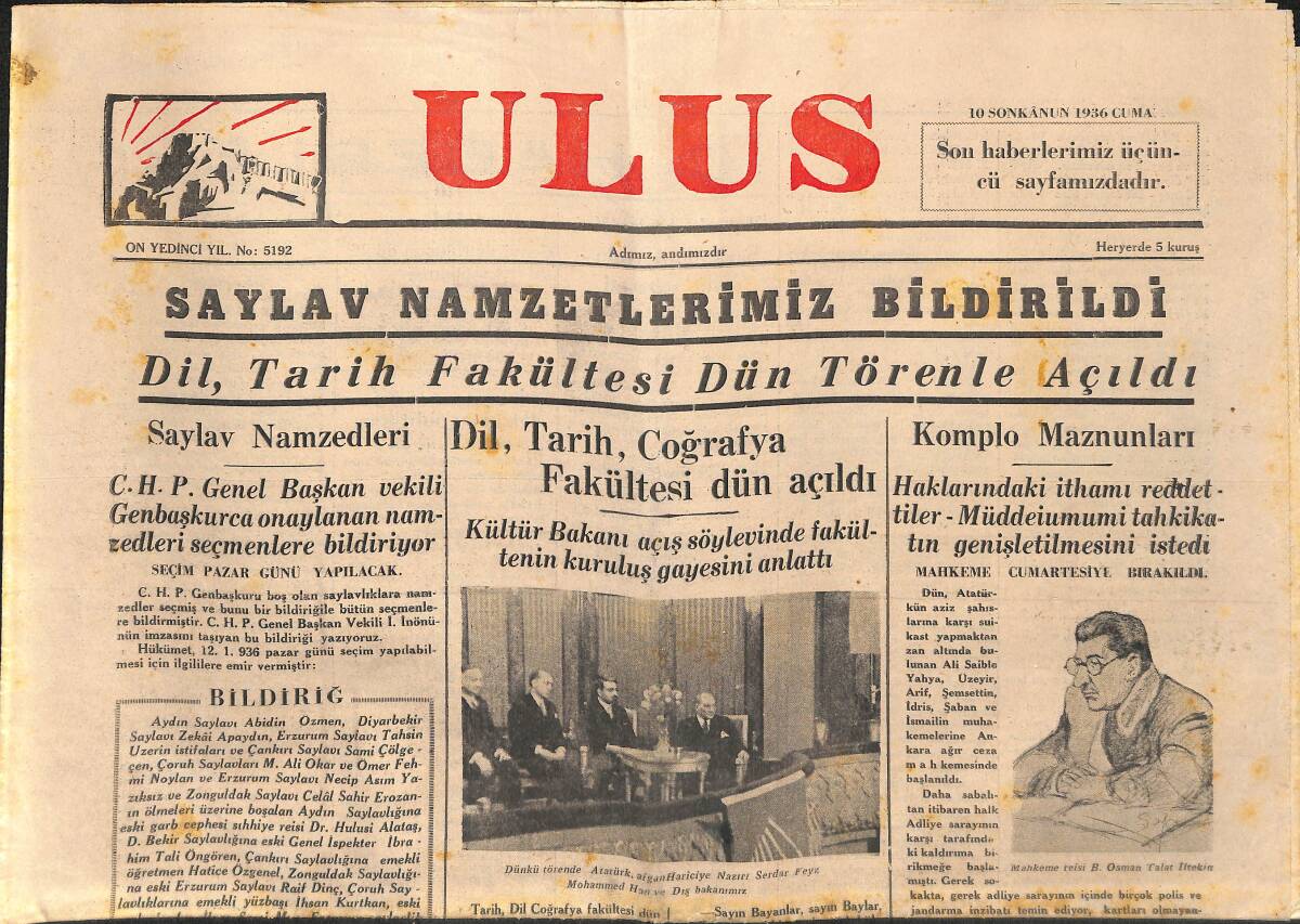 Ulus Gazetesi 10 Ocak 1936 - Komplo Maznunları Muhakebesi - Dil, Tarih, Coğrafya Fakültesi Dün Törenle Açıldı GZ141364 - 1