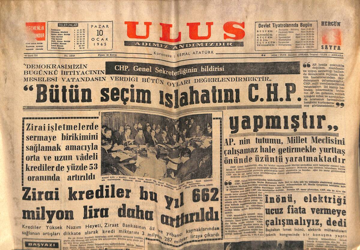 Ulus Gazetesi 10 Ocak 1965 - Hakimiyeti Milliye 45 Yaşında - Türkiye Hollanda Kredi Anlaşması GZ152621 - 1