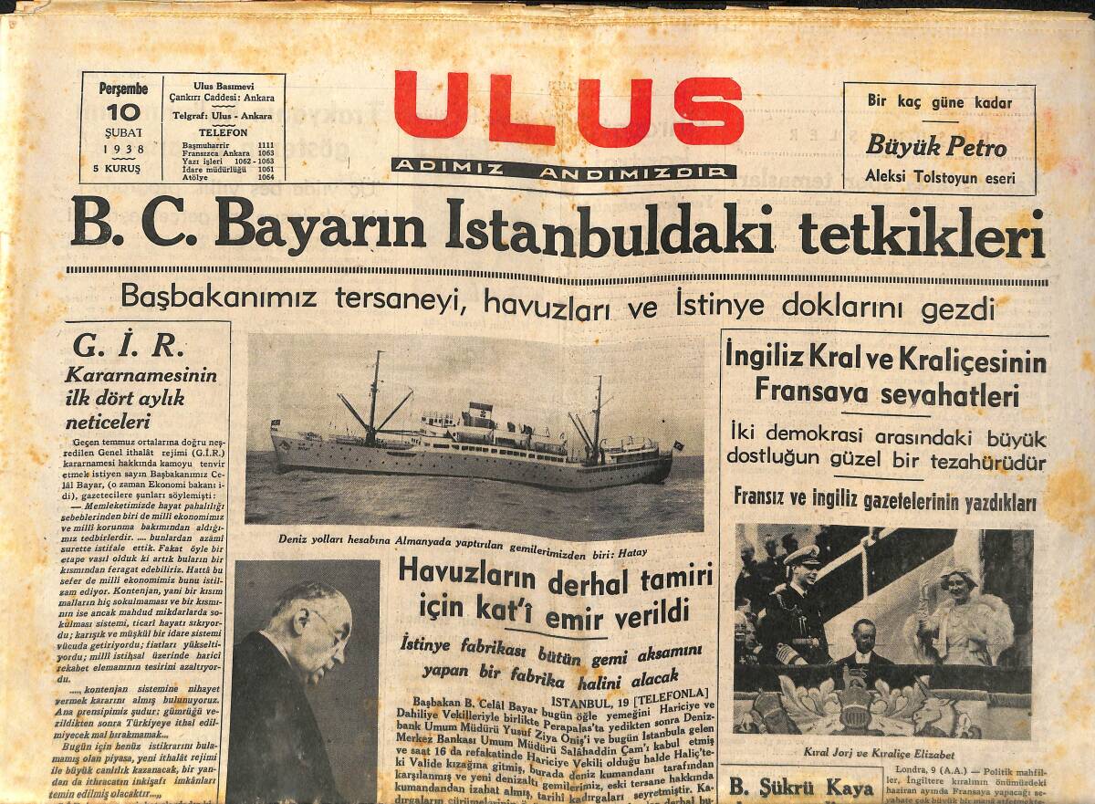 Ulus Gazetesi 10 Şubat 1938 - İngiliz Kral Ve Kraliçesinin Fransa'ya Seyahatleri - Çin'de Japonlar Geniş Bir Harekata Hazırlanıyor GZ141367 - 1