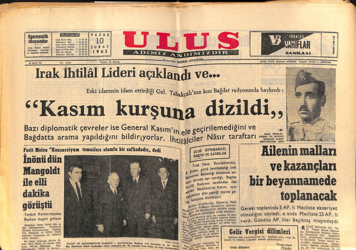 Ulus Gazetesi 10 Şubat 1963 - Irak İhtilal Lideri Açıklandı Ve Kasım Kurşuna Dizildi GZ152538 - 1