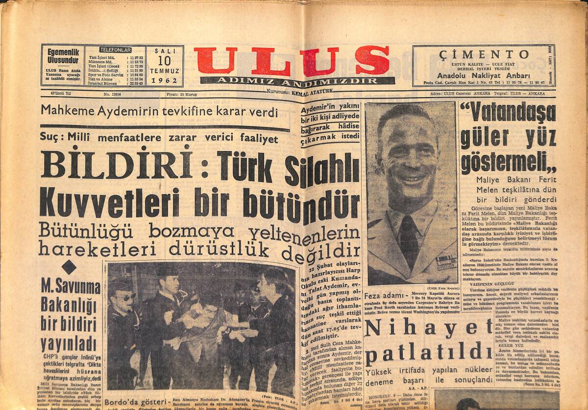 Ulus Gazetesi 10 Temmuz 1962 - Ben Bella Kahire'de - Nükleer Deneme Başarı İle Sonuçlandı GZ151615 - 1