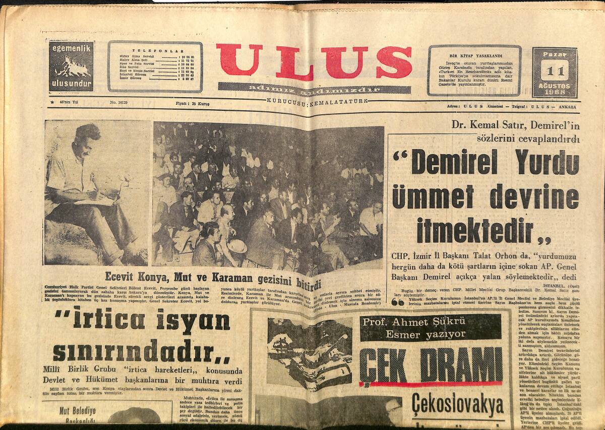 Ulus Gazetesi 11 Ağustos 1968 - Ecevit Konya , Mut Ve Karaman Gezisini Bitirdi - Ekrem Koçak'ın Kupa Ve Madalyaları Çalındı GZ150670 - 1