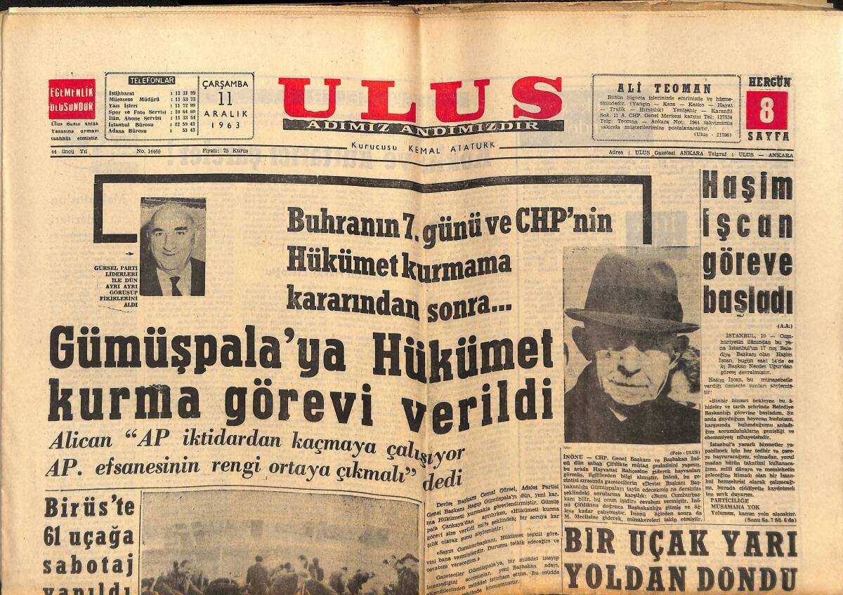 Ulus Gazetesi 11 Aralık 1963 - Sinatra'nın Oğlu Bulunamıyor - Galatasaray Roma'da, Fenerbahçe Belfast'ta GZ150242 - 1