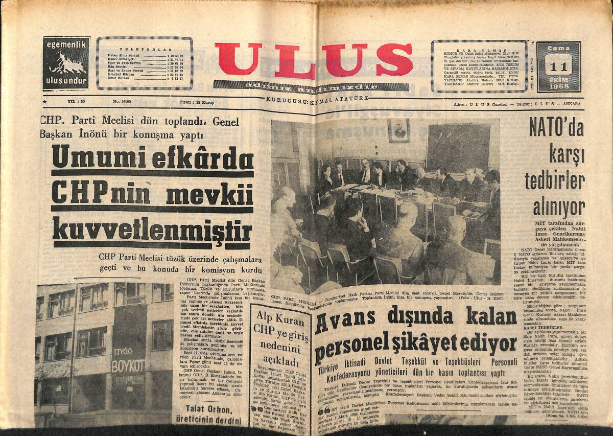 Ulus Gazetesi 11 Ekim 1968 - NATO'ya Karşı Tedbirler Alınıyor - Helsinki'de Türk Güreşinin Çöküşü GZ151560 - 1