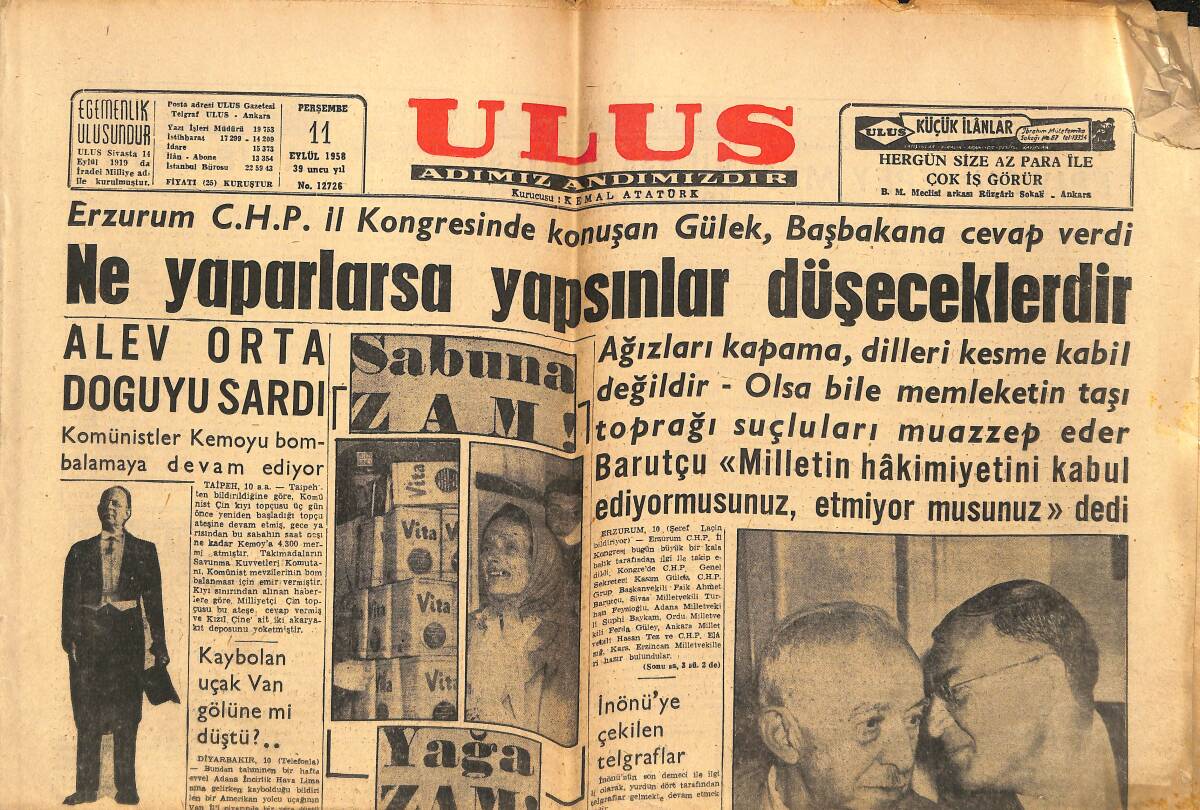 Ulus Gazetesi 11 Eylül 1958 - İnönü'ye Çekilen Telgraflar - Vita, Sana Yağına Ve Sabuna Zam Yaptı GZ151626 - 1