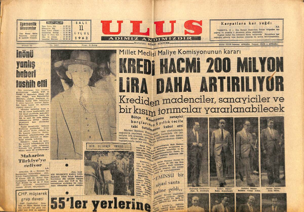 Ulus Gazetesi 11 Eylül 1962 - Can Bartu Yine İyi Oynadı Ve Gol Attı - İnönü Yanlış Haberi Tashih Etti GZ148592 - 1