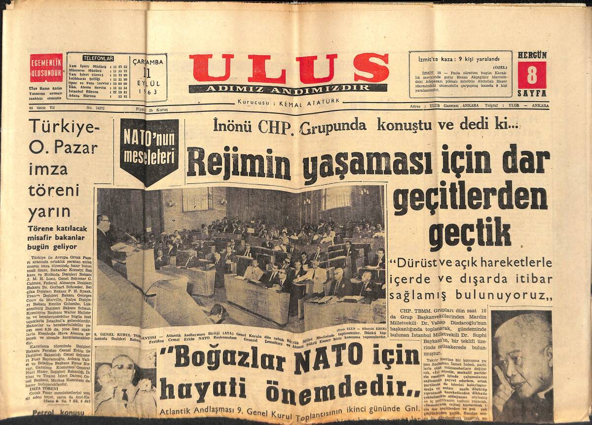 Ulus Gazetesi 11 Eylül 1963 - Boğazlar Nato İçin Hayati Önemlidir - Galatasaray, Ferencvaros İle Oynuyor GZ146873 - 1