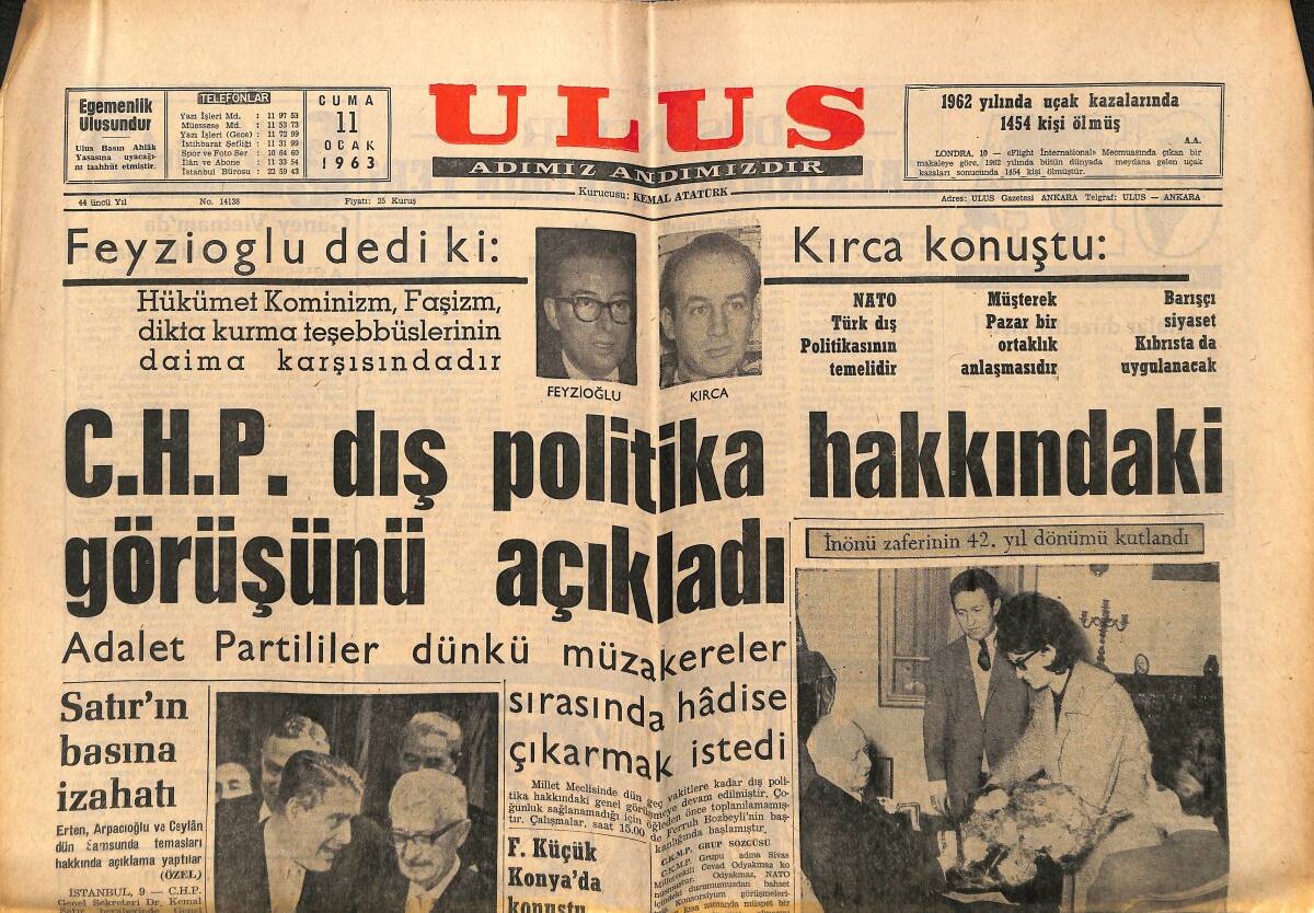 Ulus Gazetesi 11 Ocak 1963 - Rifat Öçten İtham Edildi - CHP Dış Politika Hakkındaki Görüşünü Açıkladı GZ150574 - 1