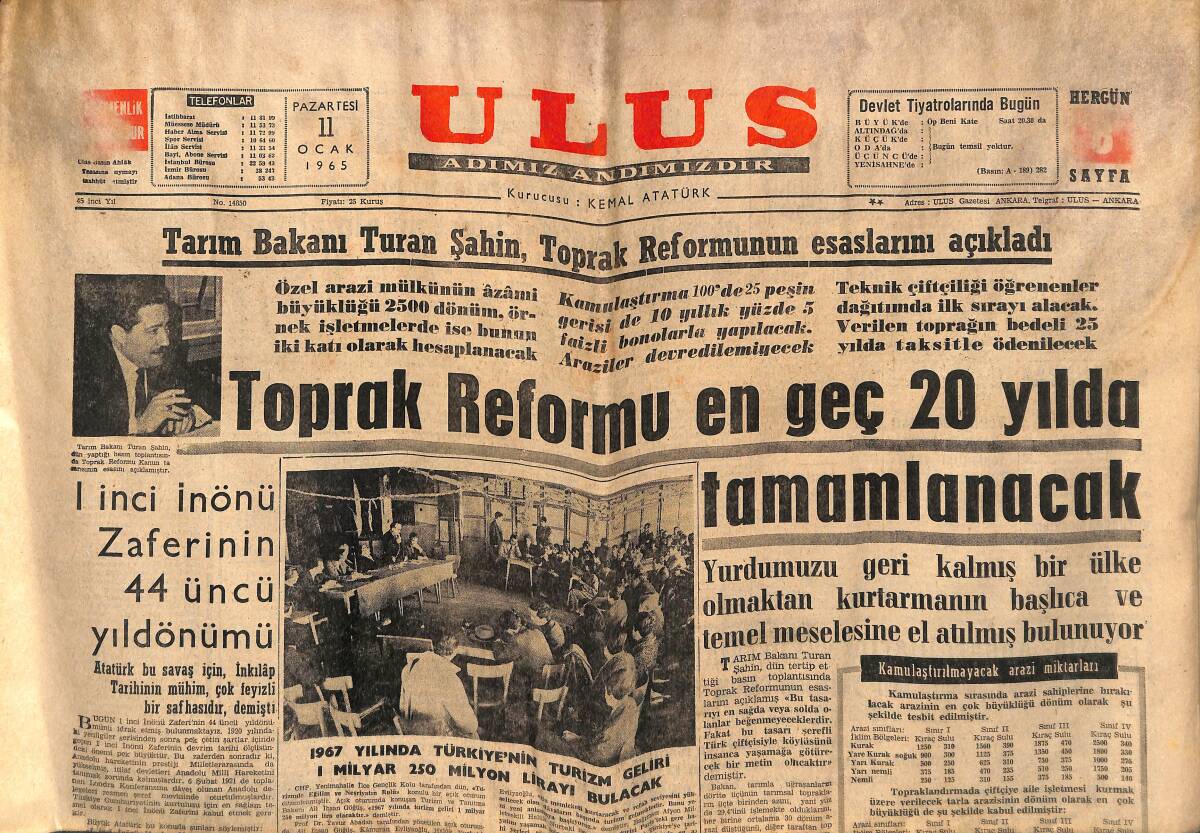 Ulus Gazetesi 11 Ocak 1965 - Toprak Reformu En Geç 20 Yılda Tamamlanacak - Beşiktaş Kupayı Alamadı Ama Fenerbahçeyi Yendi GZ152622 - 1