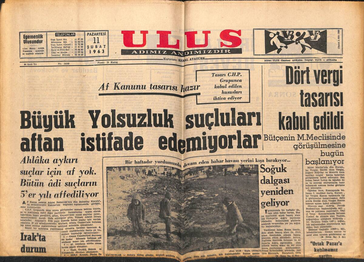 Ulus Gazetesi 11 Şubat 1963 - Ayvacık Barajıyla İlgili Rapor Hazır - Galatasaray Güç Kazandı GZ152613 - 1