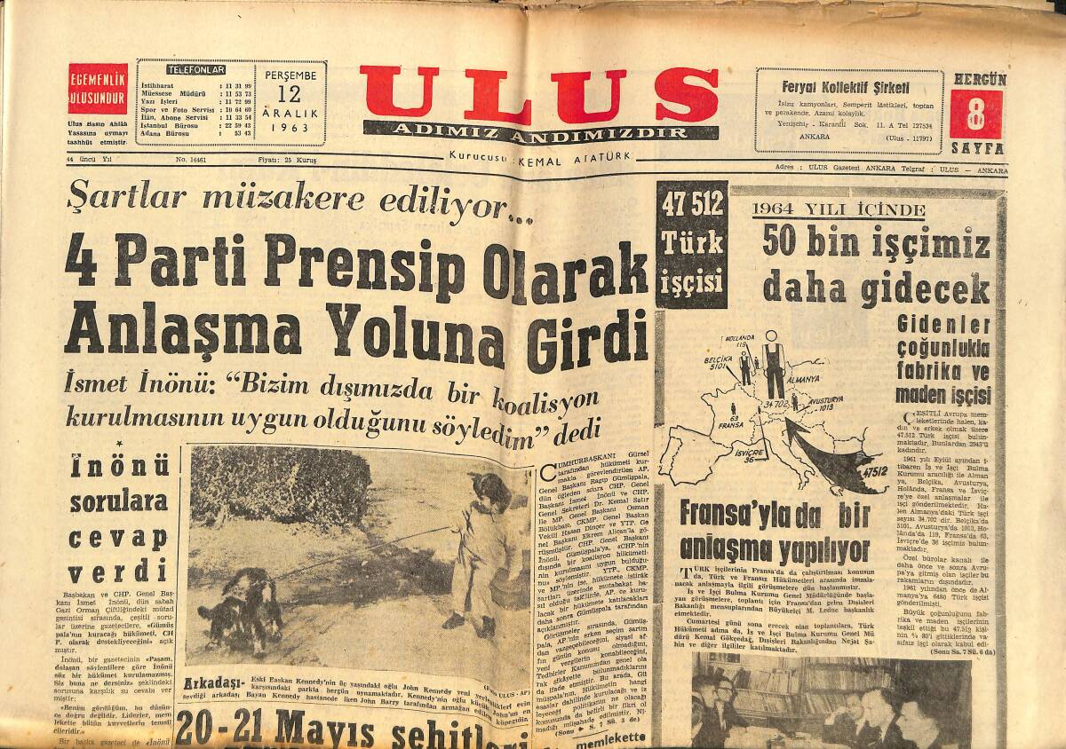 Ulus Gazetesi 12 Aralık 1963 - Fransa'yla Bir Anlaşma Yapılıyor - Sinatra'nın Oğlu Nihayet Bulundu - Nasır Bağdat'ı Ziyaret Edecek GZ150243 - 1