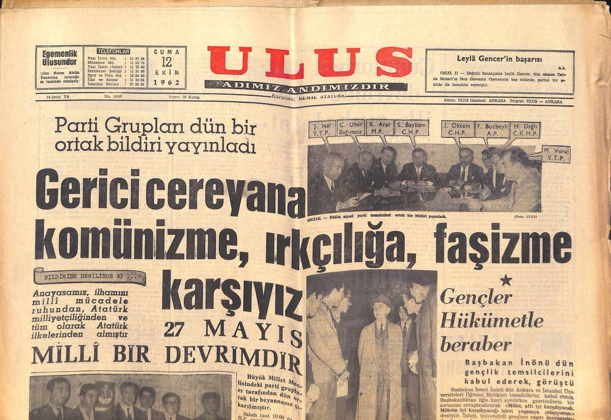 Ulus Gazetesi 12 Ekim 1962 - Yemen, Suudi Arabistan'a Resmen Savaş İlan Etti - Ankara Göl Gazinosunda Zeki Müren GZ146853 - 1