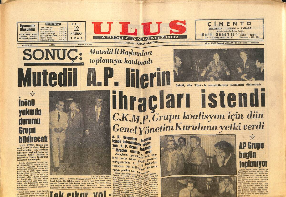 Ulus Gazetesi 12 Haziran 1962 - Irak Petrolleri İçin Tehlike - Bir Milyonluk Definenin Hikayesi GZ146856 - 1