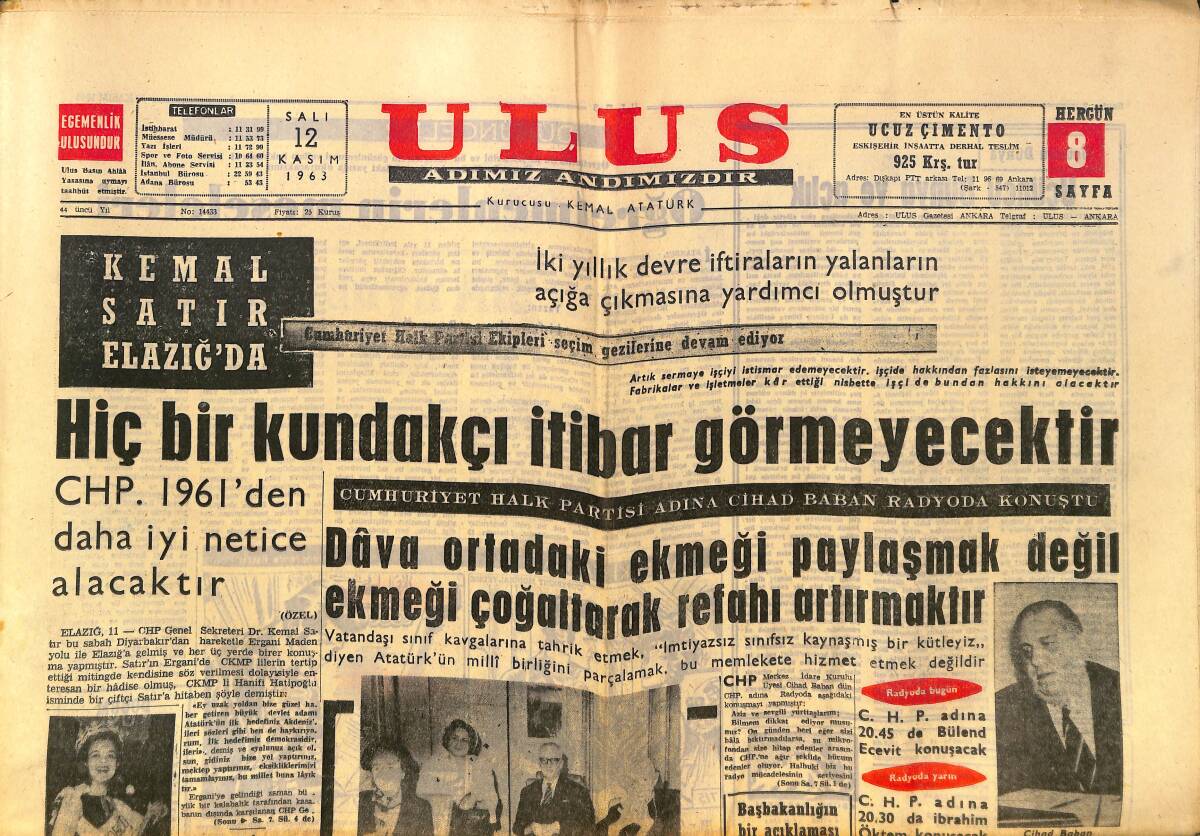 Ulus Gazetesi 12 Kasım 1963 - Güney Sınırı Çevresinde Yaşıyan Yurttaş Külfetlerden Kurtuluyor GZ150281 - 1