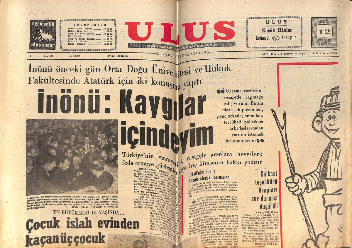 Ulus Gazetesi 12 Kasım 1968 - İnönü: Kaygılar İçindeyim - NATO'yu Sarsan Casusluk - En Güzel Bacaklar: Natalie Wood GZ146397 - 1