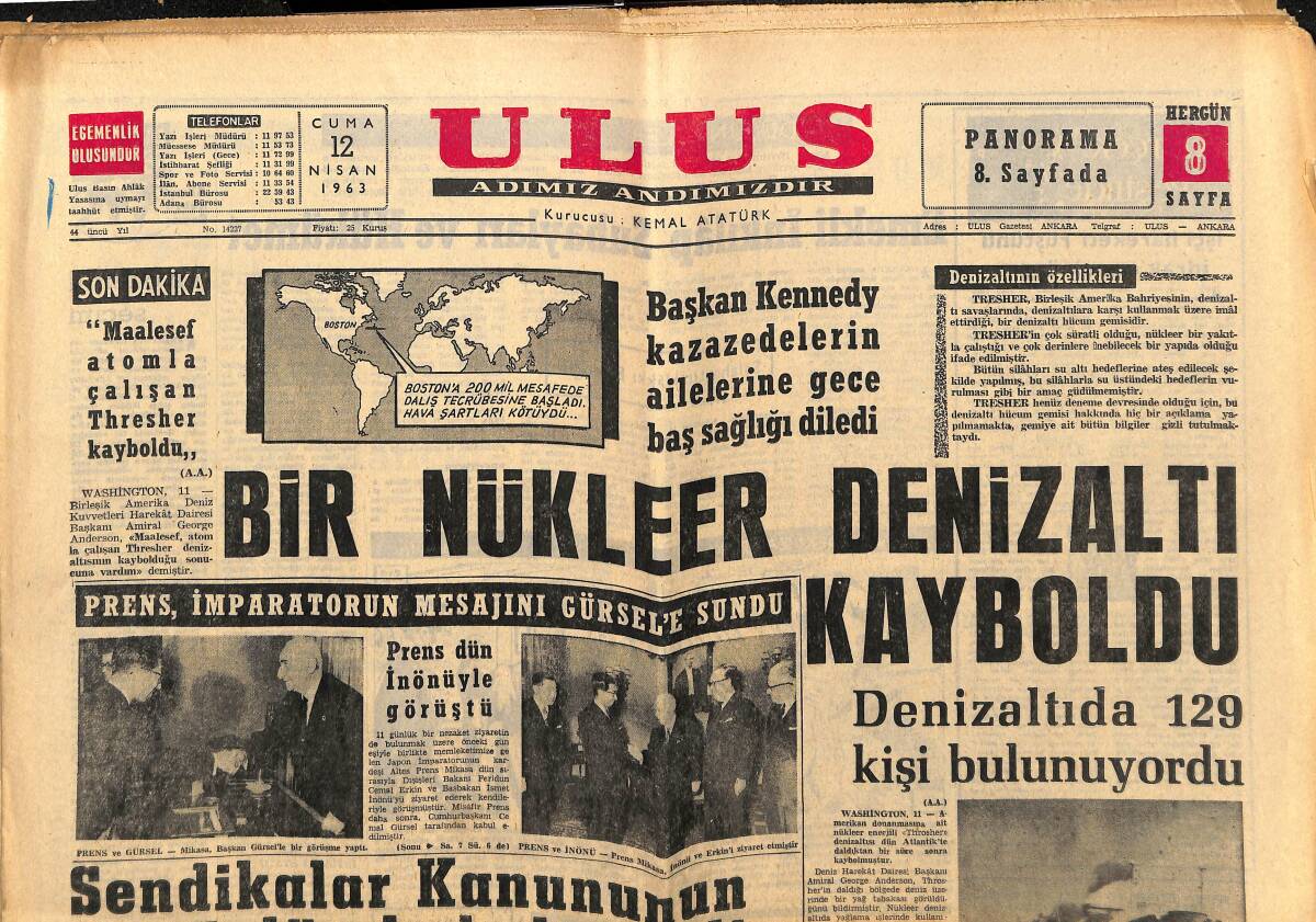 Ulus Gazetesi 12 Nisan 1963 - Bir Nükleer Denizaltı Kayboldu - Sophia Loren Ve Gregory Peck GZ148554 - 1