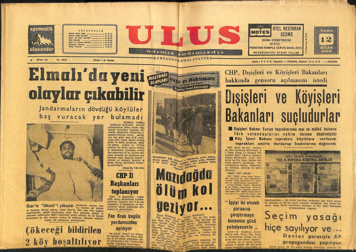 Ulus Gazetesi 12 Nisan 1968 - Amerika'da Can Ve Mal Kaybı Devam Ediyor - Konya Kursu Devam Ediyor GZ150635 - 1