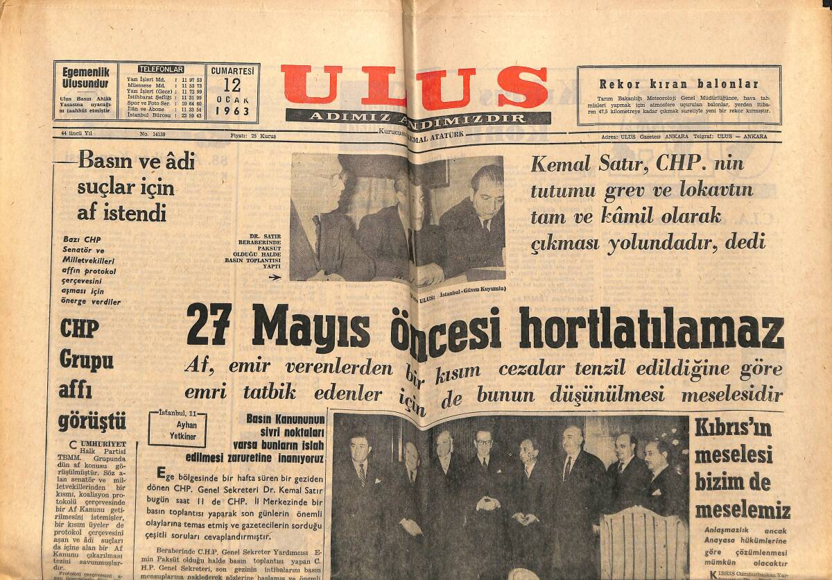 Ulus Gazetesi 12 Ocak 1962 - 27 Mayıs Öncesi Hortlatılamaz - Kıbrıs'ın Meselesi Bizim De Meselemiz GZ151592 - 1