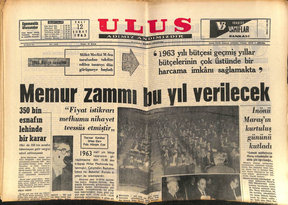 Ulus Gazetesi 12 Şubat 1963 - Türkiye, Yeni Irak Hükümetini Tanıyor - Can Ve Golü Çok Övülüyor GZ148544 - 1