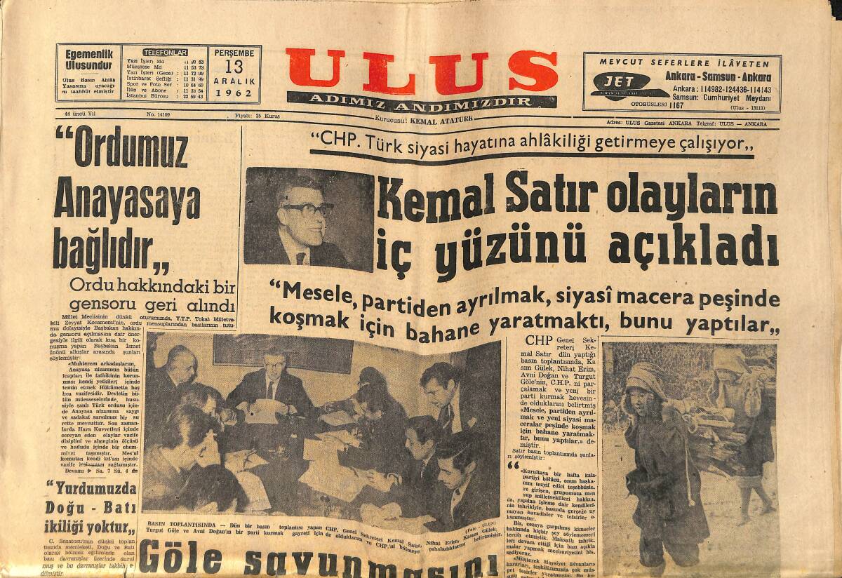 Ulus Gazetesi 13 Aralık 1962 - Kemal Satır Olayların İç Yüzünü Açıkladı - Danimarka'yı Da Yenemedik GZ156617 - 1