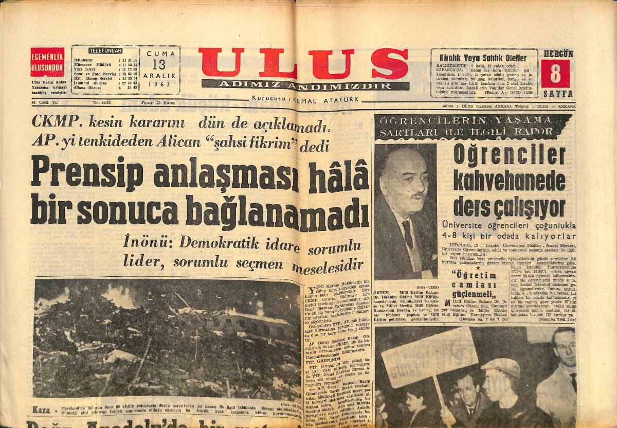 Ulus Gazetesi 13 Aralık 1963 - Küçük Frank Sinatra Nasıl Kaçırıldı Ve Nasıl Bulundu - Bayan Kennedy Ev Satın Alındı GZ150244 - 1