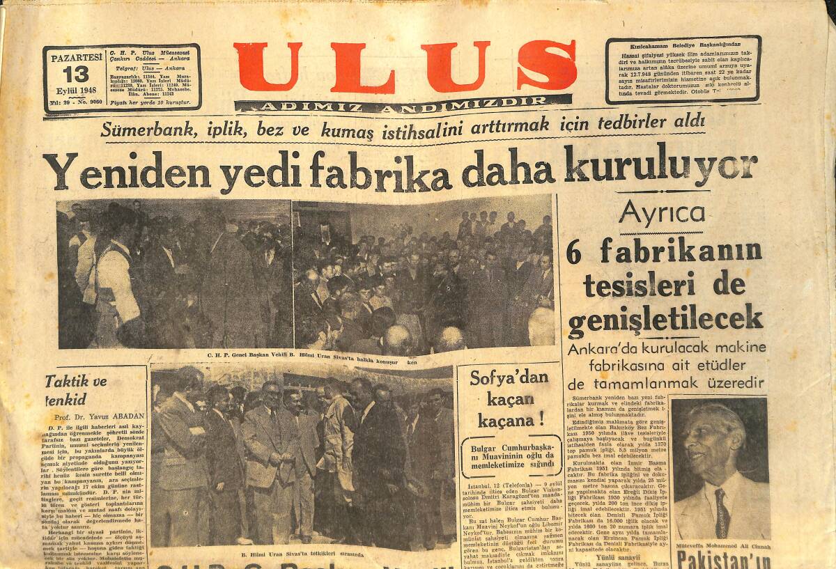 Ulus Gazetesi 13 Eylül 1948 - Sofya'dan Kaçan Kaçana - Pakistan'ın Büyük Kaybı - Topkapı Sarayında Hünkar Sofası GZ143331 - 1