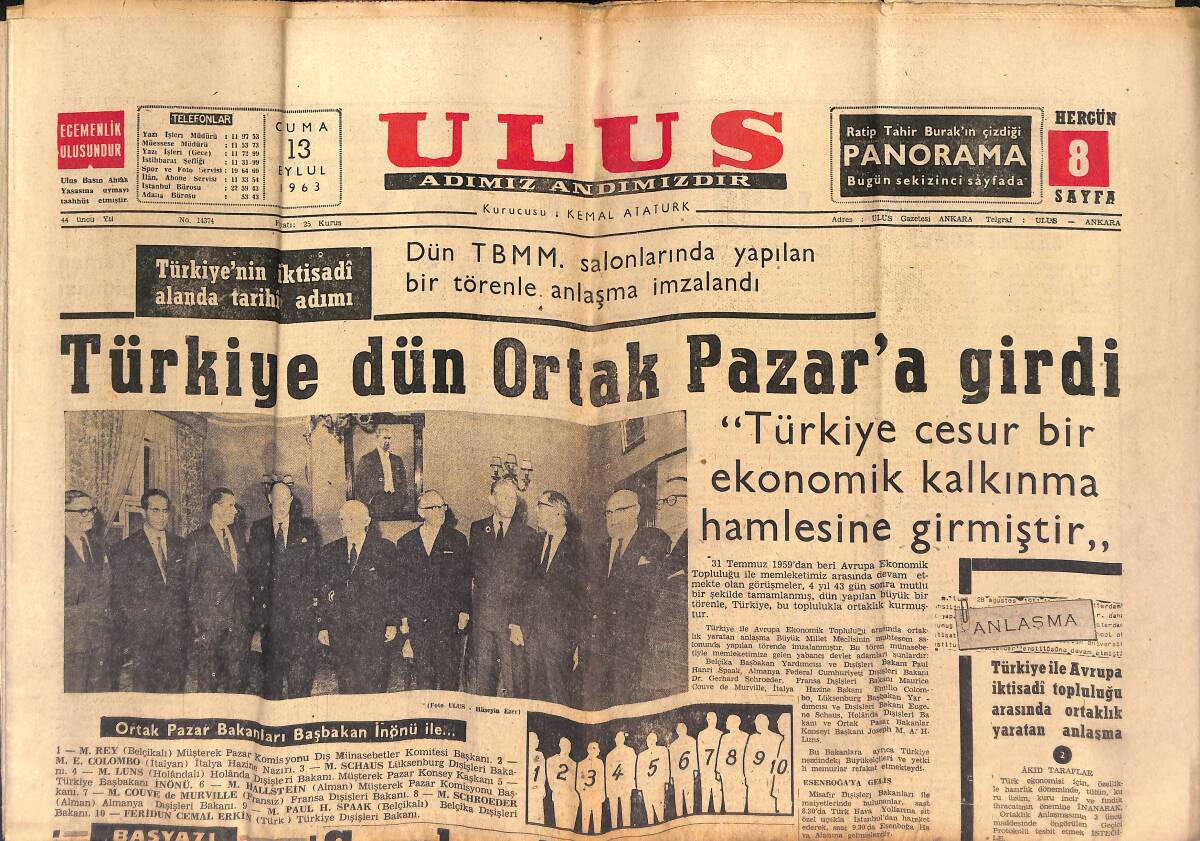 Ulus Gazetesi 13 Eylül 1963 - Türkiye Dün Ortak Pazar'a Girdi - Almanya'da Türk İşçileri GZ146867 - 1