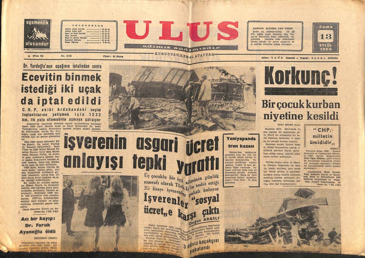 Ulus Gazetesi 13 Eylül 1968 - Göztepe'nin Başarısı Sevinçle Karşılandı - Ecevit'in Binmek İstediği İki Uçak Da İptal Edildi GZ148589 - 1