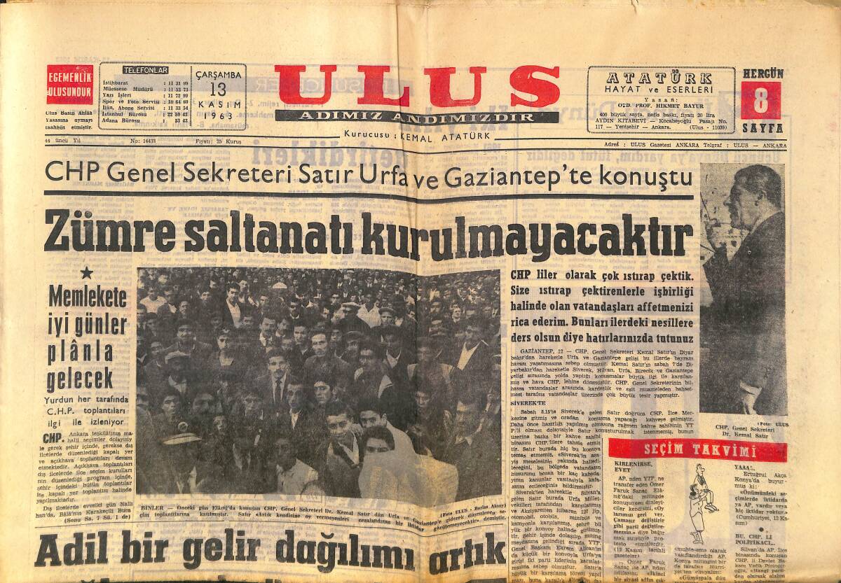 Ulus Gazetesi 13 Kasım 1963 - CHP Genel Sekreteri Satır Urfa Ve Gaziantep'te Konuştu GZ150282 - 1
