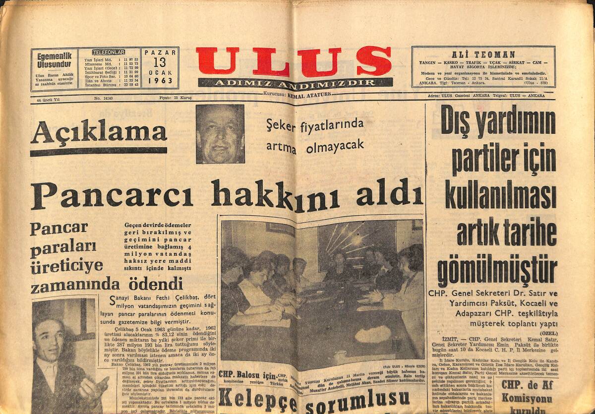 Ulus Gazetesi 13 Ocak 1963 - Averof'a Göre , Makarios Yön Değiştirdi - Köylere İçme Suyu İçin Yönetmelik Hazırlandı GZ148451 - 1