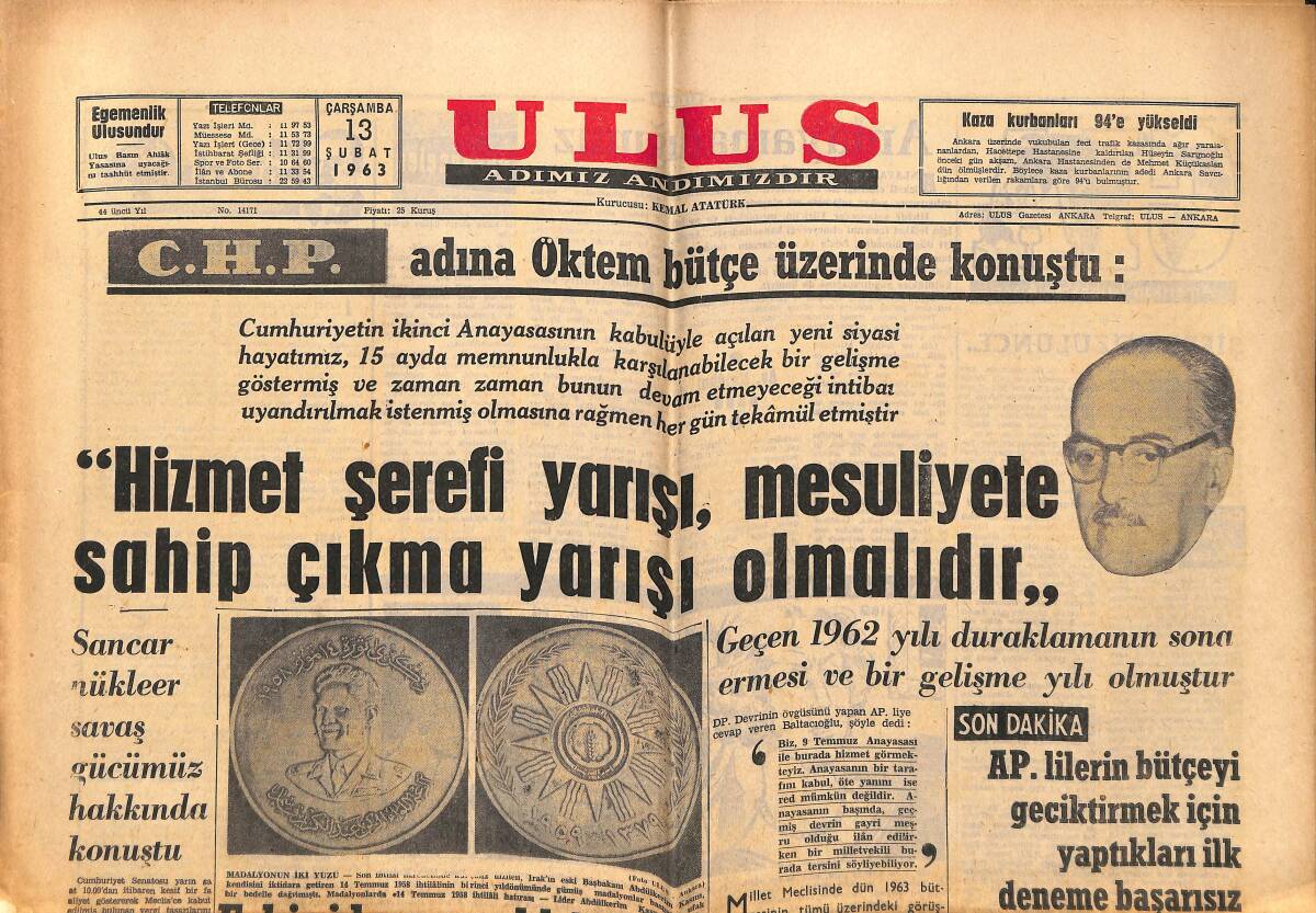 Ulus Gazetesi 13 Şubat 1963 - Sancar Nükleer Savaş Gücümüz Hakkında Konuştu - Maraş Kalesi Dün Bir Daha Fethedildi GZ151479 - 1