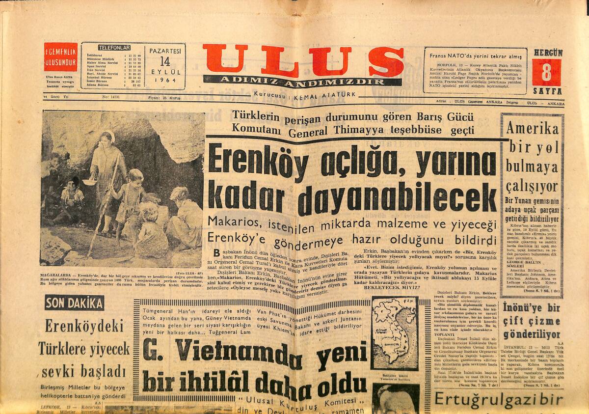 Ulus Gazetesi 14 Eylül 1964 - G. Vietnam'da Yeni Bir İhtilâl Daha Oldu - Seul'de Yağan Yağmurlar 130 Kişinin Ölümüne Sebep Oldu GZ150611 - 1