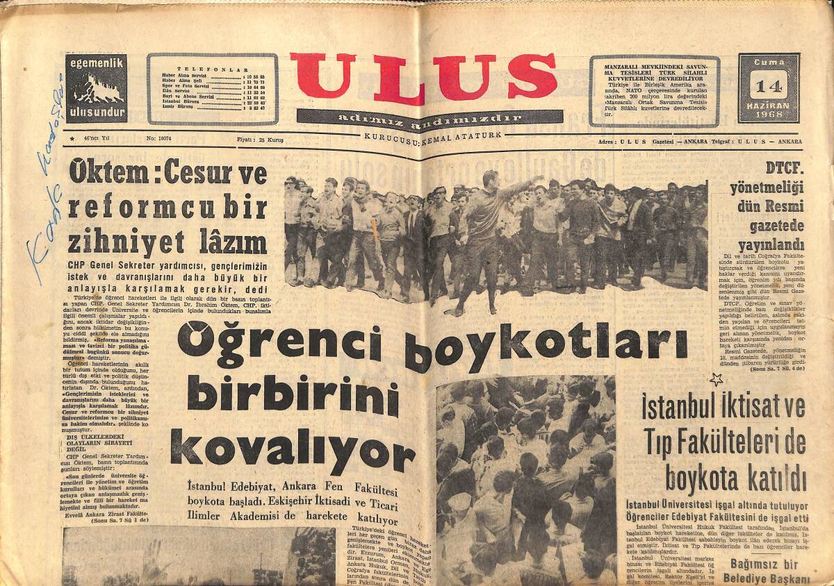 Ulus Gazetesi 14 Haziran 1968 - İstanbul İktisat Ve Tıp Fakülteleri De Boykota Katıldı - Paris'te Olaylar Hızını Kaybetti GZ151628 - 1