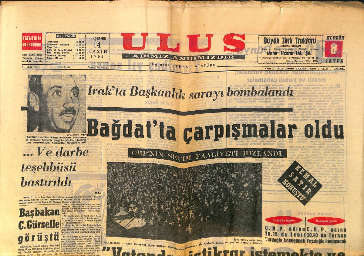 Ulus Gazetesi 14 Kasım 1963 - Bağdat'ta Çarpışmalar Oldu - Öktem Radyoda Konuştu GZ150283 - 1